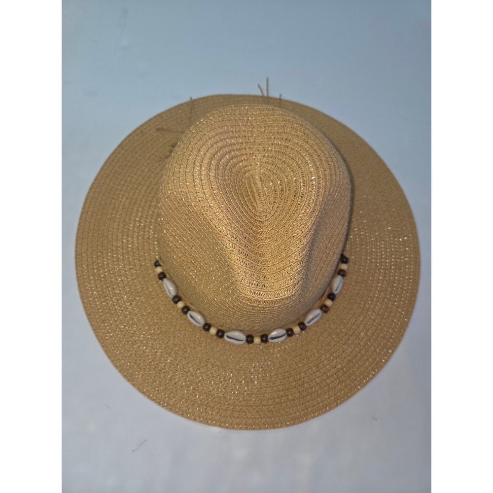 Bindya New York Straw Sun Hat Womens OS Tan Cowrie Shell Bead‎ Fedora